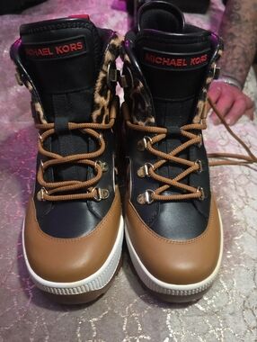Michael Kors Black, Brown & Leopard Trim Lace-Up Sneakers